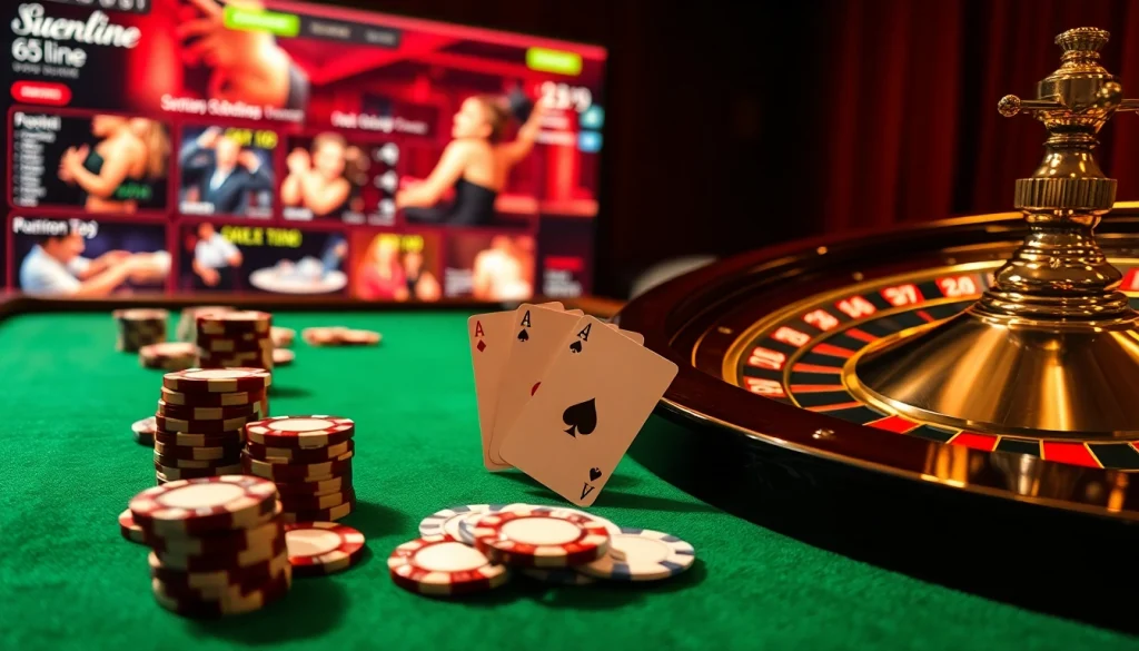 Scène captivante de casino en ligne argent réel avec des jetons de poker, des cartes et une roulette tournante.