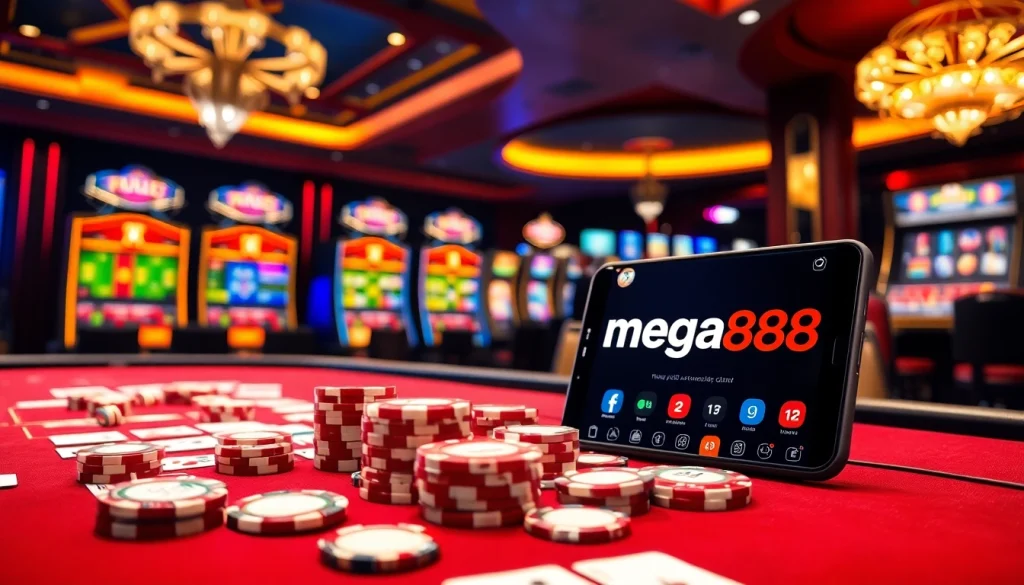 Mega888 download showcased with dazzling poker chips and a sleek smartphone displaying the app in a luxurious casino setting.