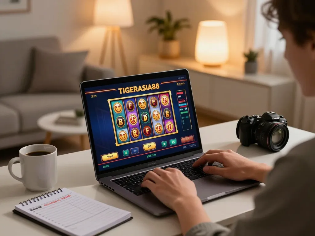 TIGERASIA88 player enjoying home online gaming experience with laptop and strategy notes