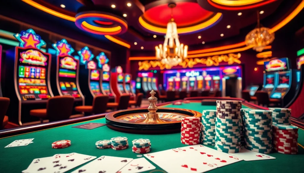 Découvrez le casino en ligne argent réel avec une scène de jeu en ligne luxueuse mettant en vedette des tables vibrantes et une roulette.