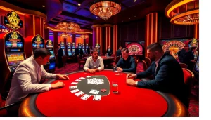 Experience thrilling poker action at shbet's high-stakes casino table surrounded by vibrant slots.