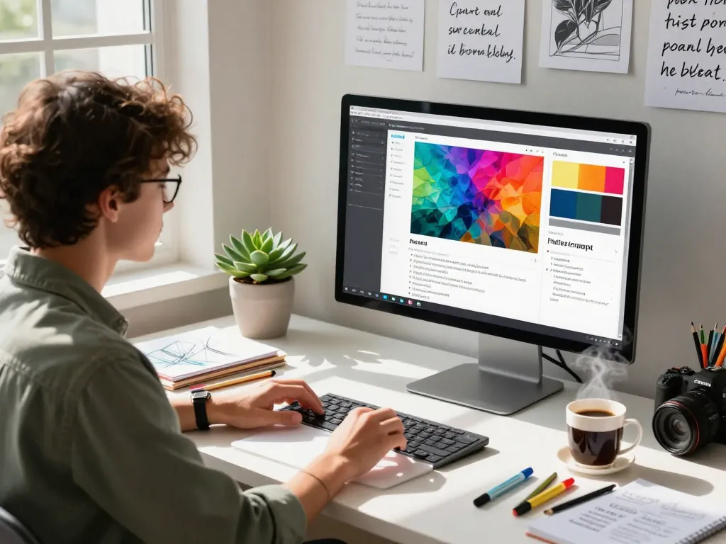 Using AI to convert an image to prompt in a vibrant digital workspace with creative elements.