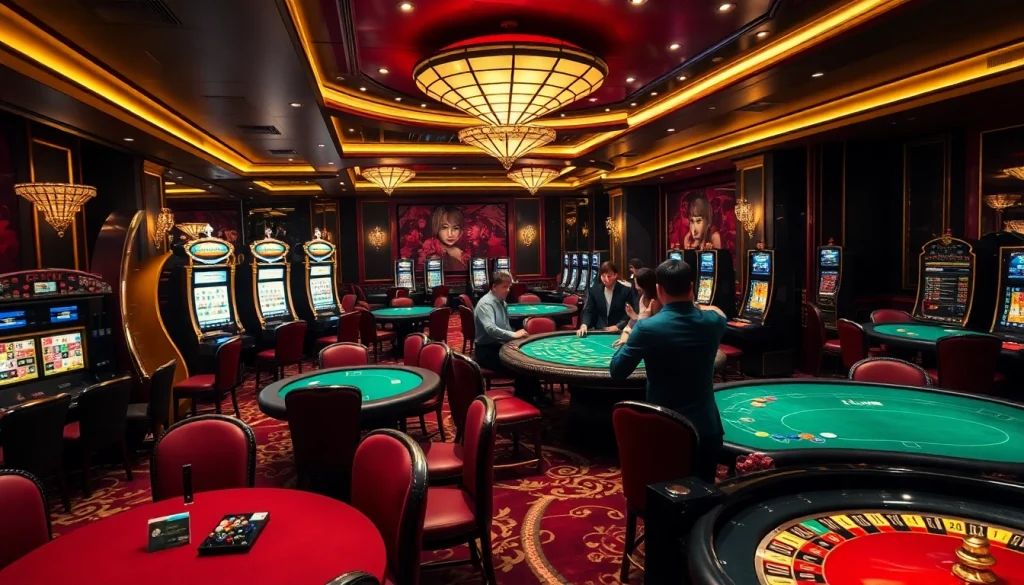 Découvrez l'excitation du casino en ligne argent réel avec des joueurs savourant le poker à enjeux élevés et des machines à sous majestueuses.