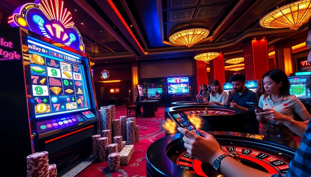 Engaging players at a luxury casino showcasing gtatogel slot machines and poker chips.