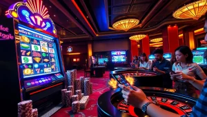 Engaging players at a luxury casino showcasing gtatogel slot machines and poker chips.