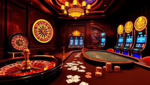 Visuel engageant de casino en ligne argent réel mettant en avant des activités de roulette et de poker.