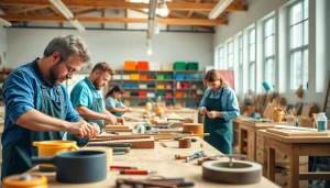 Craft training programs featuring artisans in a vibrant workshop, actively demonstrating skills and creativity.