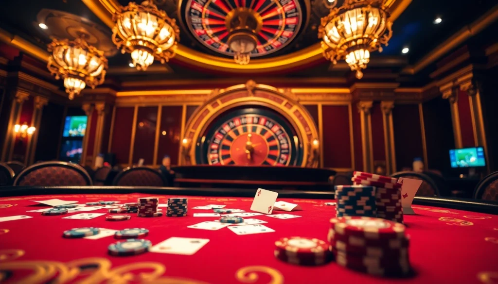 L'excitation du casino en ligne argent réel avec une table vibrante, des jetons de poker et une roue de roulette.
