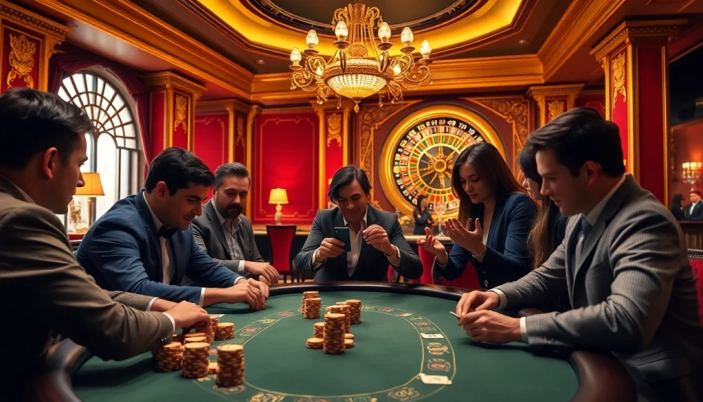 Des joueurs captivés à une table de poker luxueuse de casino en ligne France avec des jetons et de l'excitation.