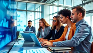 B2B competitive intelligence analysis in a vibrant corporate setting with diverse professionals collaborating.