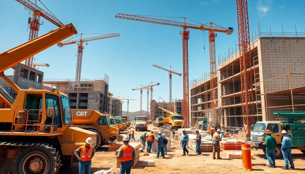 Workers engaged in construction activities at a busy site, showcasing tools and teamwork.