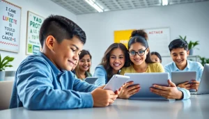 Youdao learning platform in a modern classroom with diverse students using tablets.