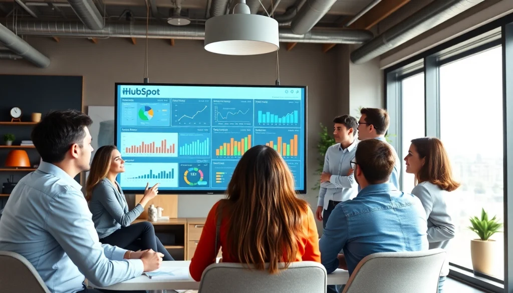 Engaged team strategizing for agencia hubspot success in a modern office environment.