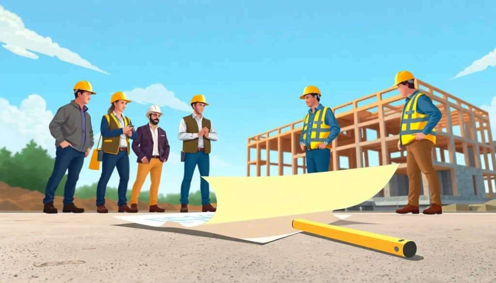 Construction association members working collaboratively on a project, showcasing teamwork and professionalism.