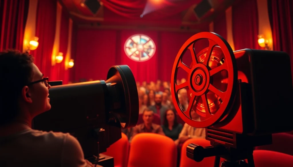 ดูหนัง ในโรงภาพยนตร์ที่มีผู้คนตั้งใจรับชมและโปรเจคเตอร์ที่ส่องสว่าง