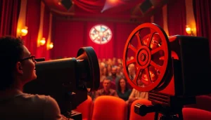 ดูหนัง ในโรงภาพยนตร์ที่มีผู้คนตั้งใจรับชมและโปรเจคเตอร์ที่ส่องสว่าง