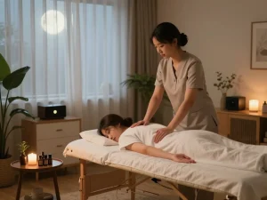 편안한 가정 환경에서 전문 치료사가 부드러운 세션을 위해 준비하는 출장마사지 서비스.