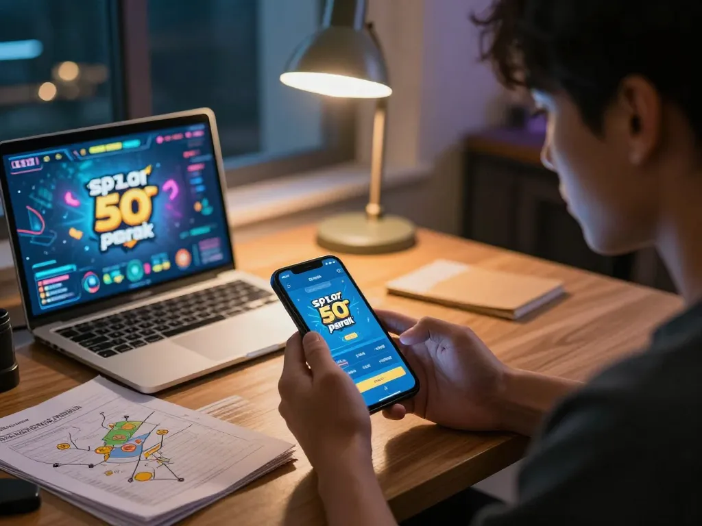 Engaging in download apk slot bet 50 perak game on smartphone in a cozy home setting.