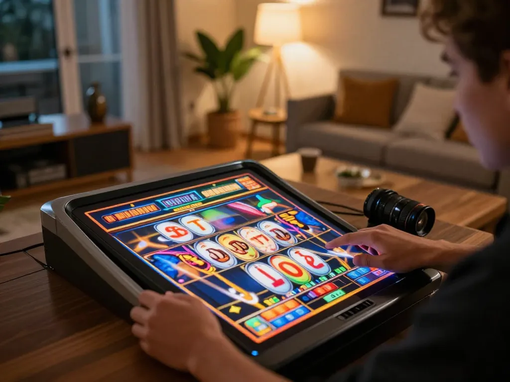 Engaged player spinning slot gacor gampang menang reels on a tablet in modern home setting.