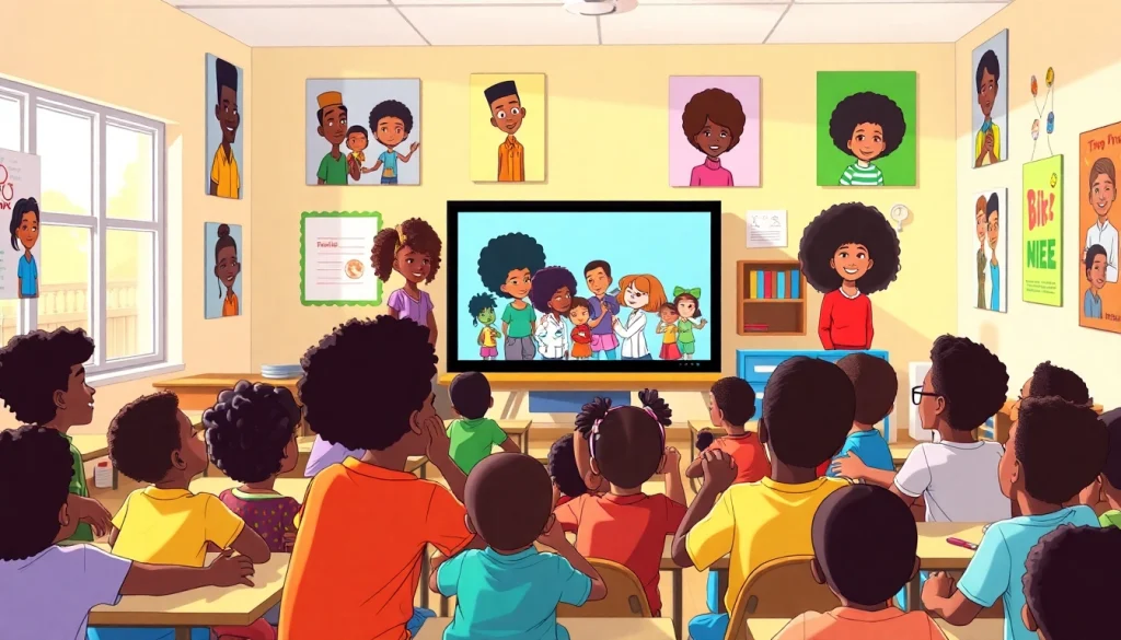 Engaging classroom scene showcasing African American Cartoons with diverse children learning and having fun.