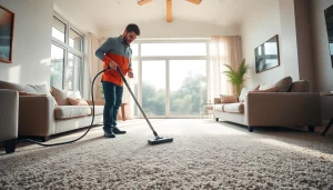 Best carpet cleaning company demonstrating effective cleaning techniques in a bright living room.