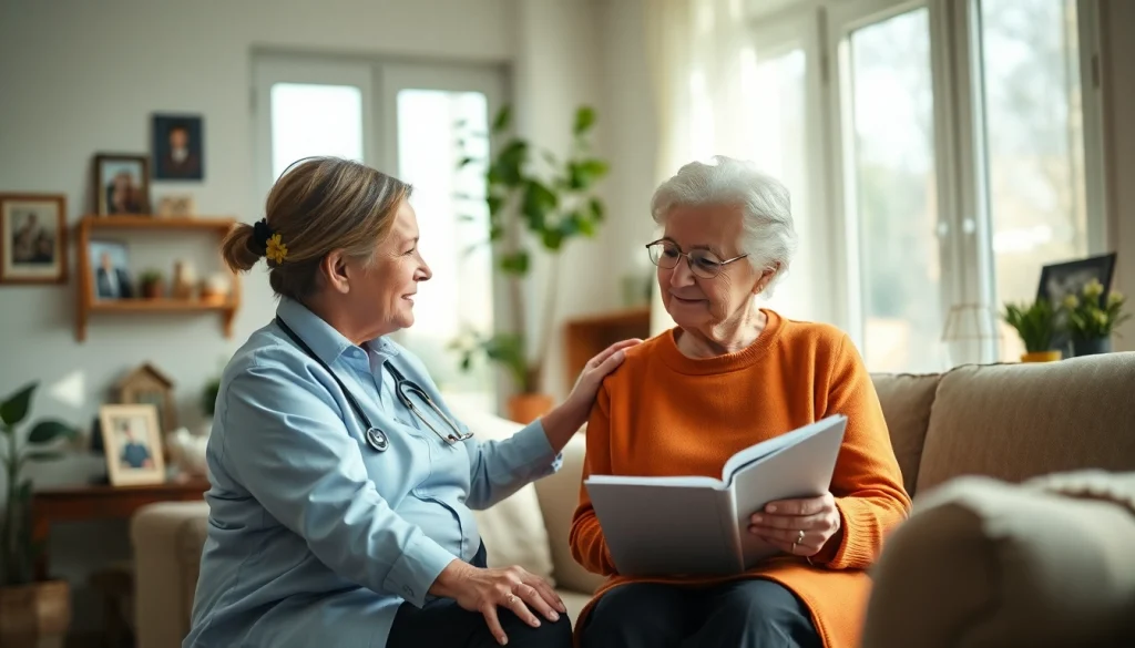 Elderly in home care near me: Professional caregiver supports elderly client in a warm living room.