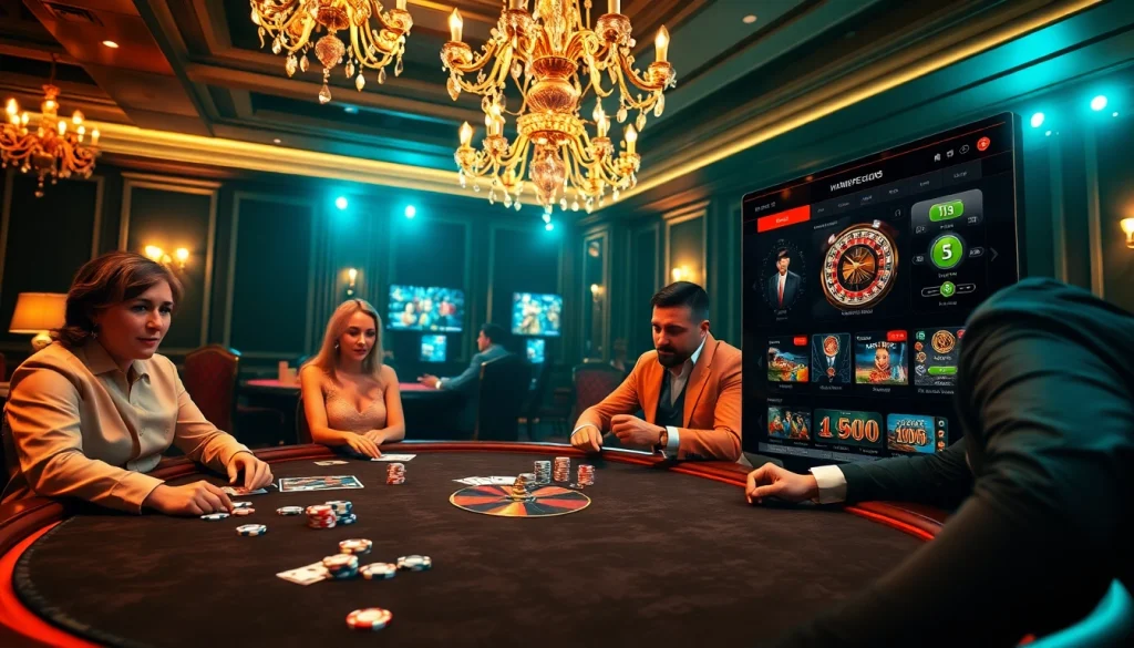 Des joueurs engagés autour d'une table de casino luxueuse reflétant l'excitation du casino en ligne argent réel.