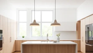 Showcase of beautiful island light fixtures illuminating a modern kitchen space.