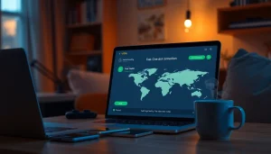 在笔记本电脑上显示的快连VPN应用界面，强调一键安全连接与全球服务器节点。