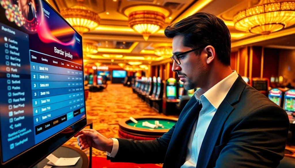 Action-packed scene depicting a gambler engaging in bandar mix parlay betting at a luxurious casino.