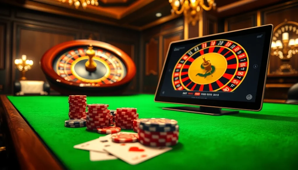 Scène engageante de casino en ligne France mettant en vedette des jetons de poker, des cartes et une interface de jeu en ligne.