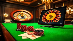 Scène engageante de casino en ligne France mettant en vedette des jetons de poker, des cartes et une interface de jeu en ligne.