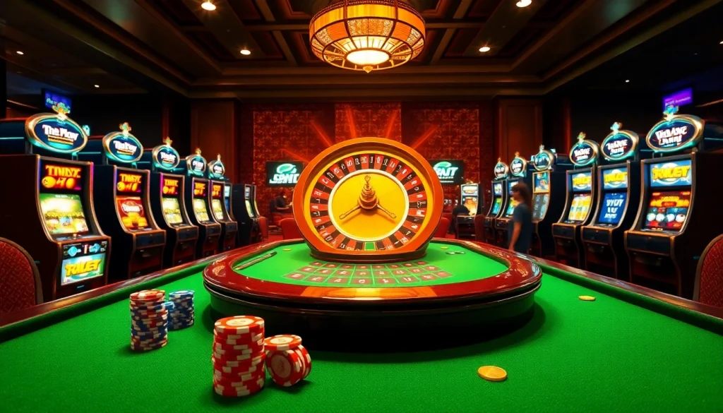 Engaging players at nhà cái Hay88 enjoy a lively casino atmosphere with poker chips and slot machines.