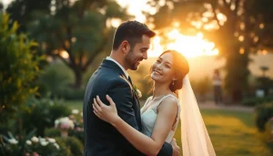 Capture beautiful wedding photography of a couple enjoying their moment in a lush outdoor setting.