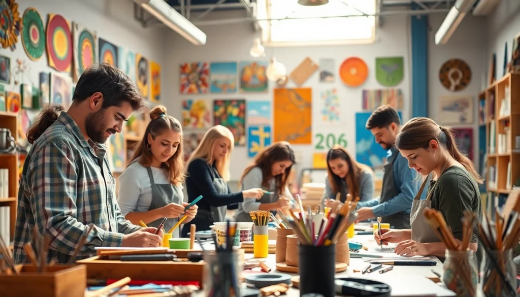Participants in craft training programs creating in a vibrant art studio, showcasing creativity and energy.