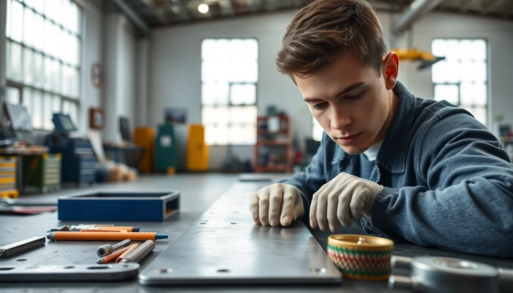 Engaging in sheet metal training, a technician skillfully fabricates metal in a bright workshop.