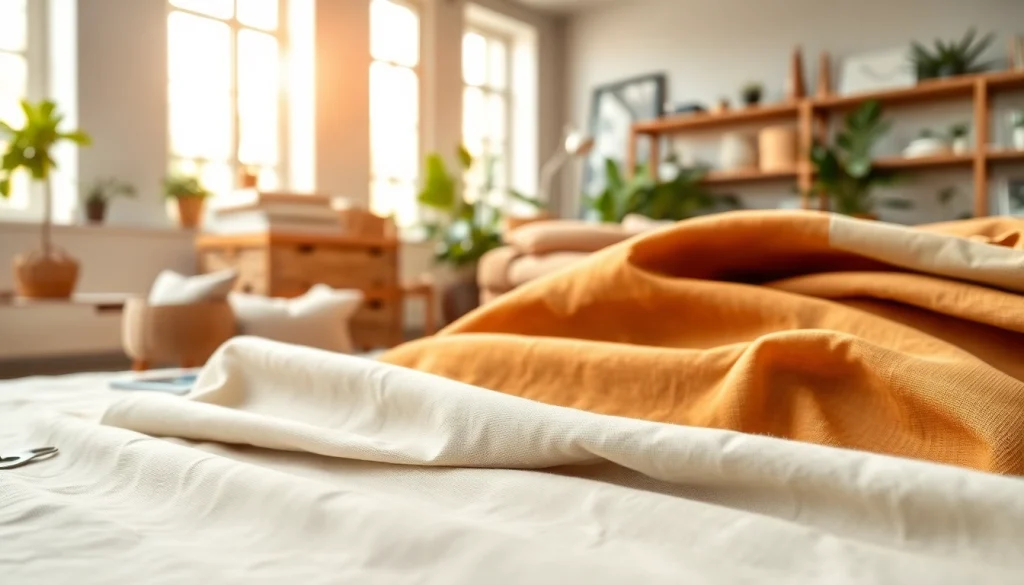 Bekijk goedkope linnen stoffen met diverse texturen en patronen in een sfeervolle studio.