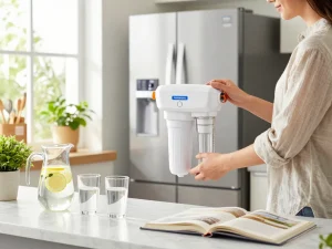 Waterdrop Replacement for Samsung DA29-00003G being installed in a modern kitchen, promoting healthy drinking water.