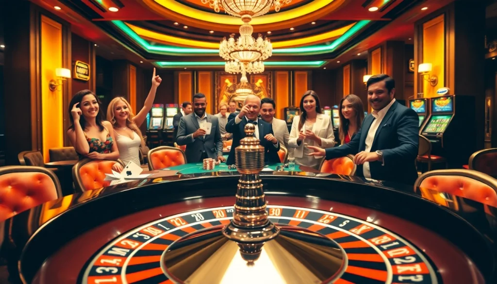 Une scène dynamique de joueurs gagnant à une table de roulette dans un luxueux casino en ligne argent réel, célébrant leur succès.