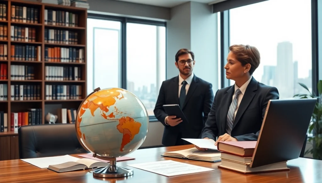 Eine Anwältin berät zu internationalem Zivilrecht in einem modernen Büro mit Blick auf die Stadt.