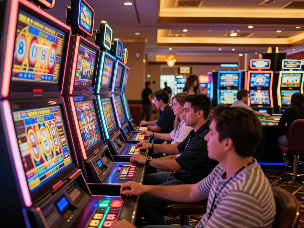 Players enjoying slot gacor 777 in a lively casino atmosphere with colorful machines