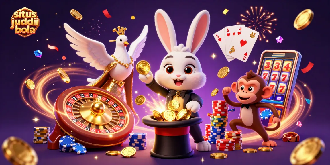 Experience the excitement of situs judi bola with a dynamic 3D scene featuring a magician rabbit, glamorous dove, and monkey amidst shining coins and roulette.